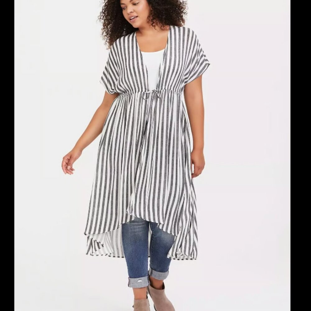 Torrid Stripe Cinch Waist Kimono Black White High Low Wrap Cover‎ Up Size 1/2